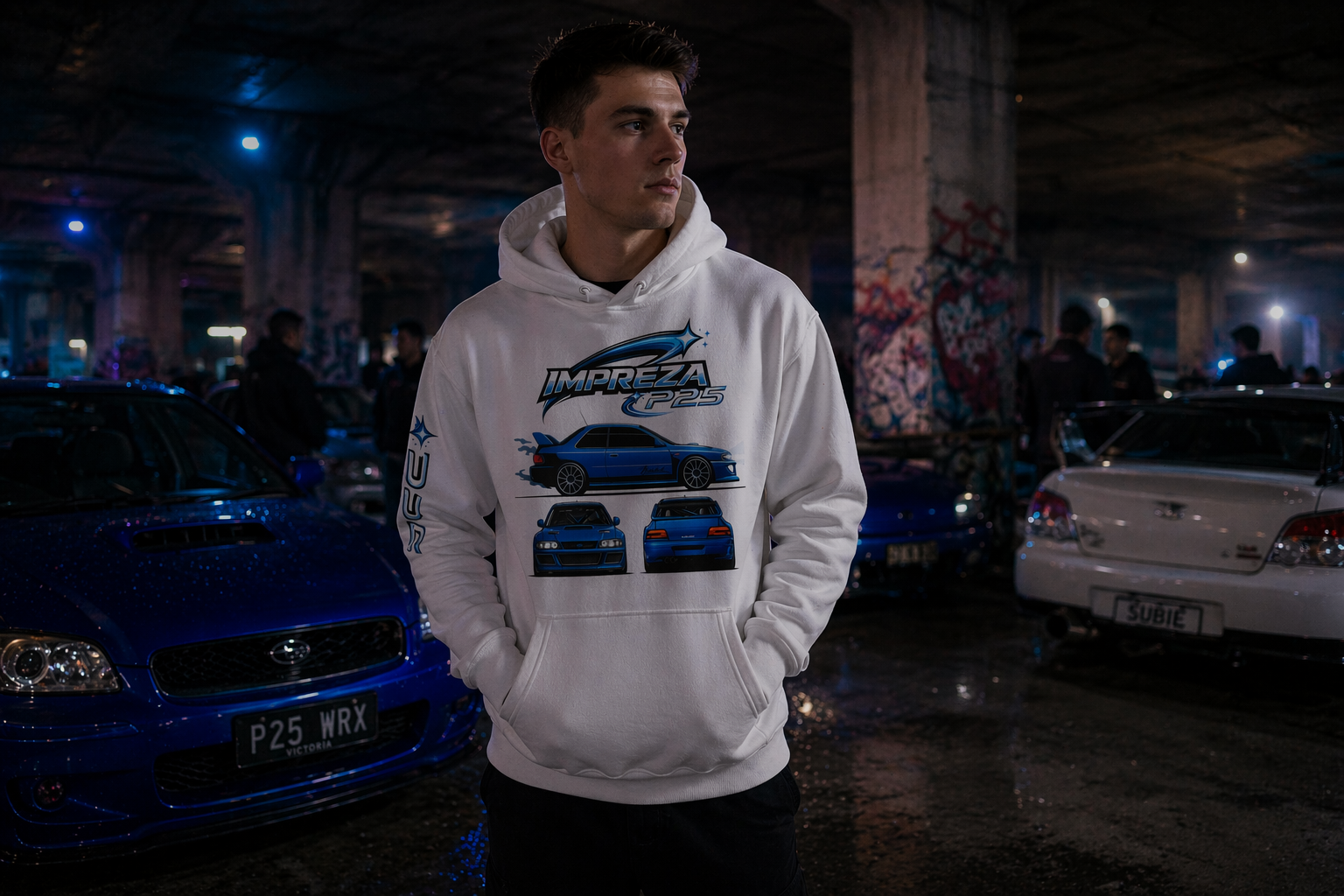 P25 Legacy Hoodie in White — male lifestyle, underground car park | MotorHedz