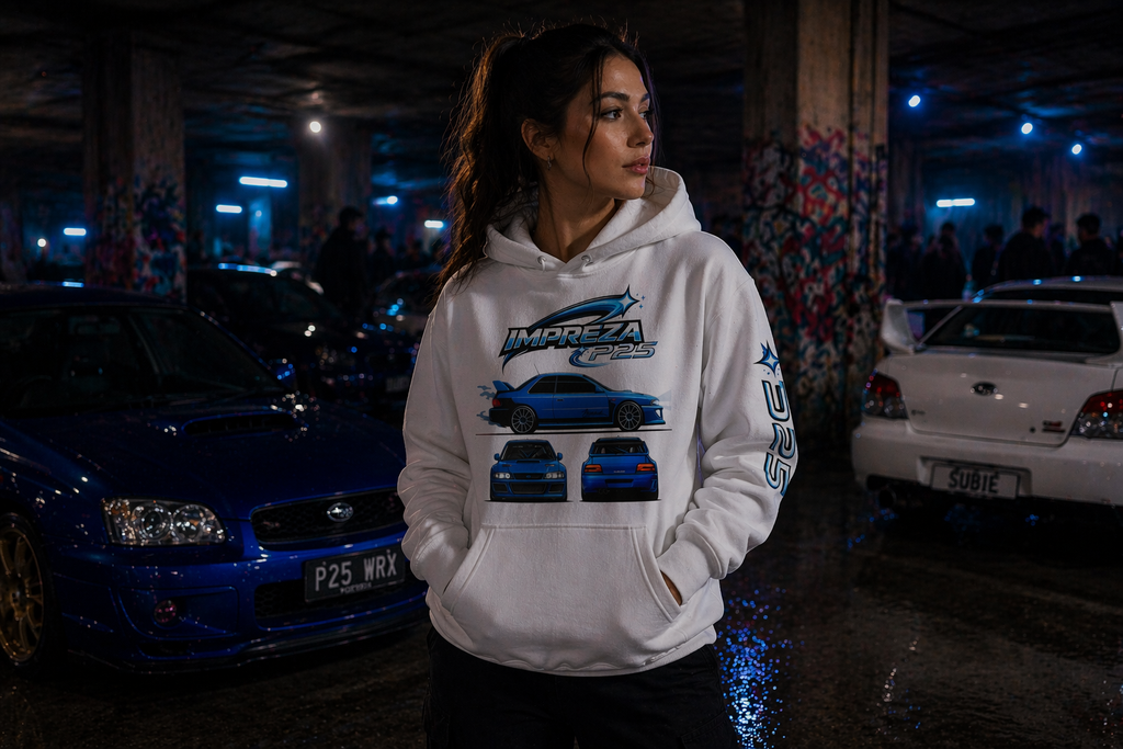 P25 Legacy Hoodie in White — female lifestyle, underground car park | MotorHedz