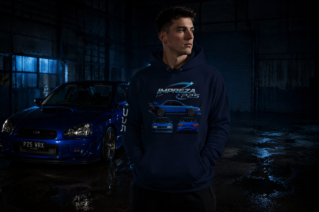 P25 Legacy Hoodie in French Navy — male lifestyle, underground car park | MotorHedz