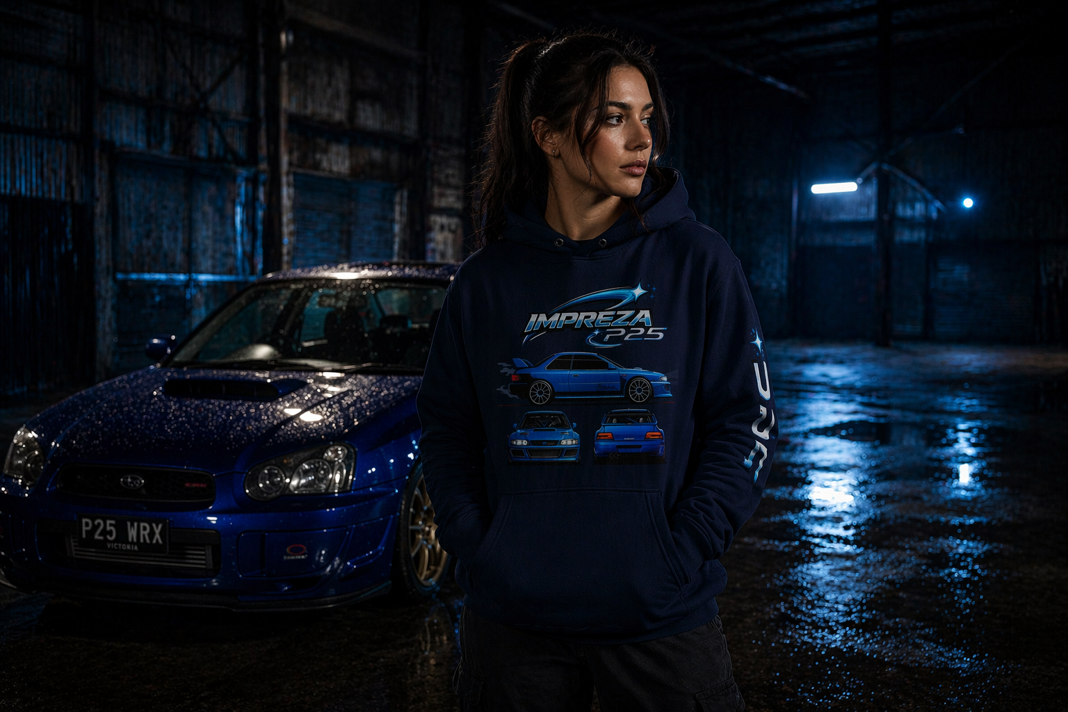 P25 Legacy Hoodie in French Navy — female lifestyle, underground car park | MotorHedz