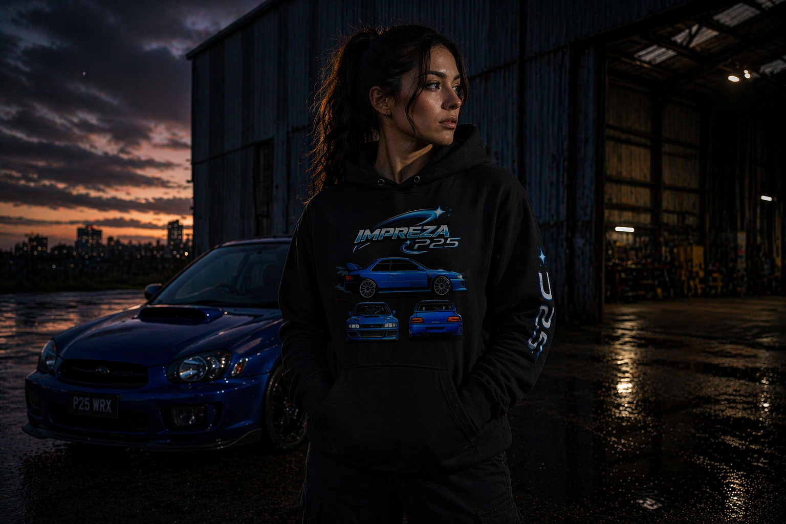 P25 Legacy Hoodie in Black — female lifestyle, underground car park | MotorHedz