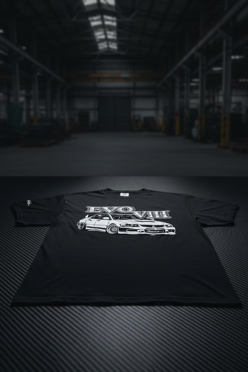 EVO VIII Black Tee - Carbon Fibre Flat Lay