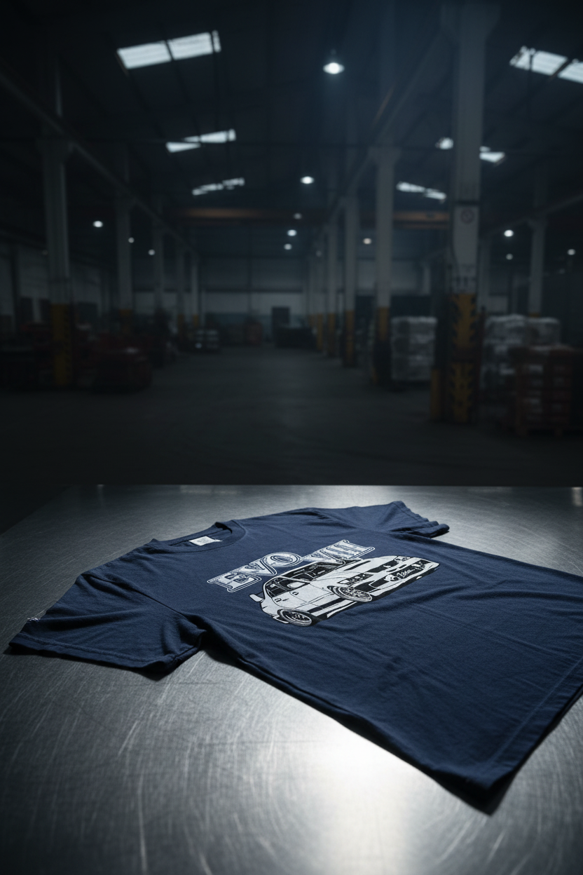 EVO VIII Navy Tee - Stainless Steel Flat Lay