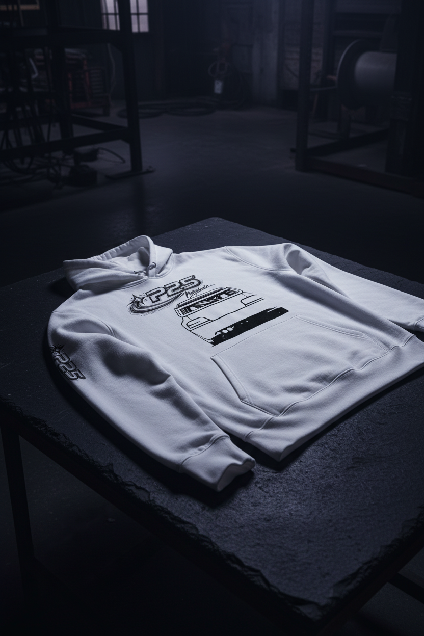 P25 White Hoodie - Slate Flat Lay Corrected