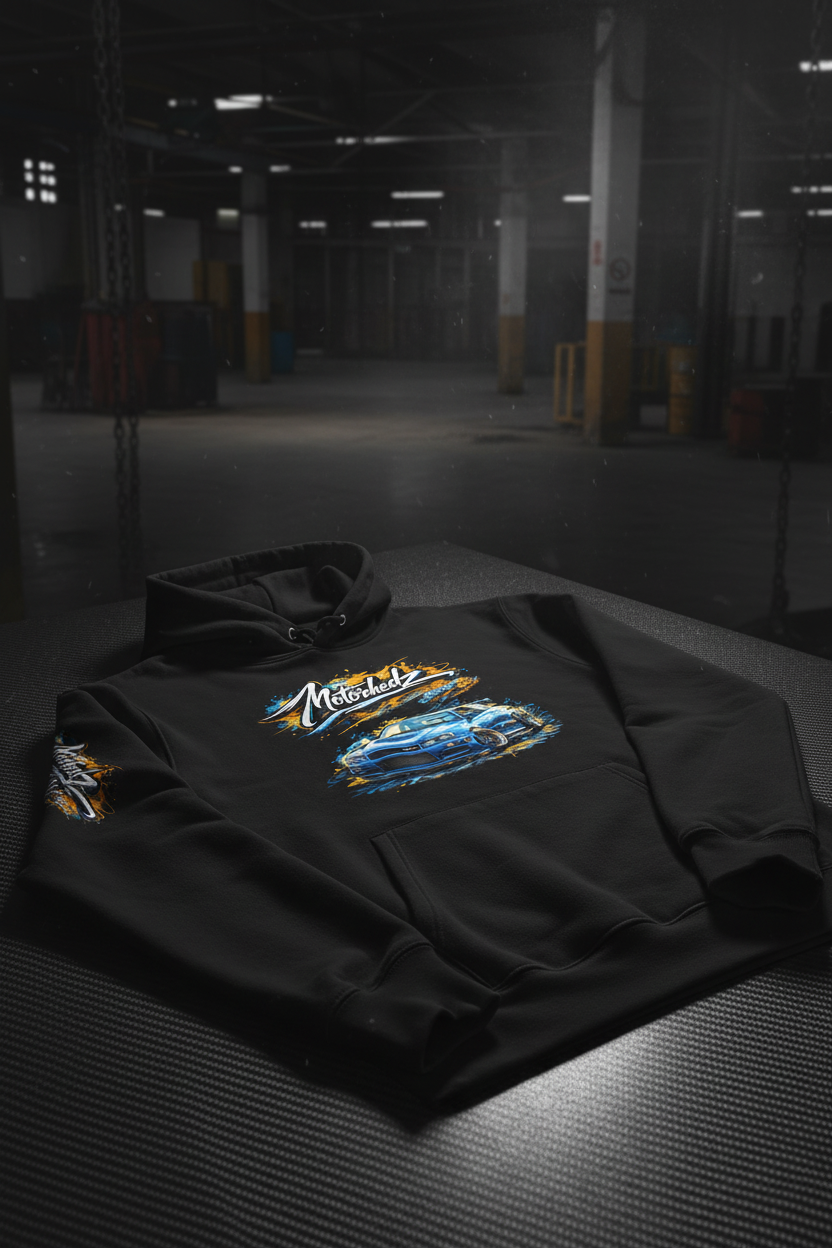 R34 Black Hoodie - Carbon Fibre Flat Lay