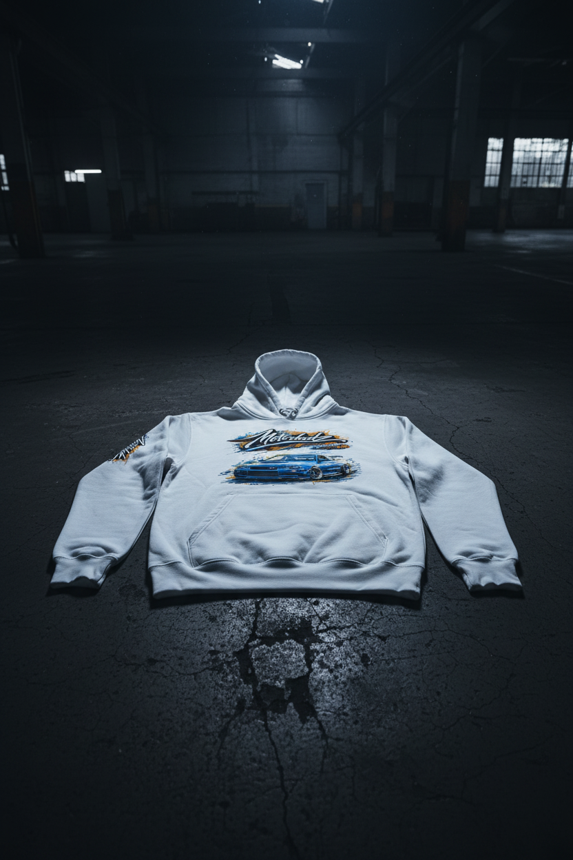 R34 White Hoodie - Dark Concrete Flat Lay