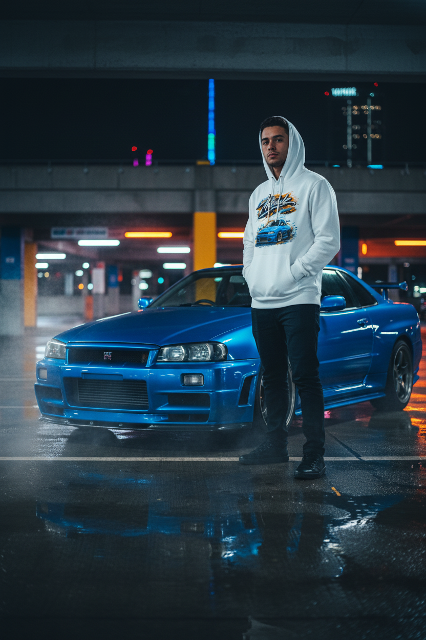 R34 White Hoodie Male Lifestyle